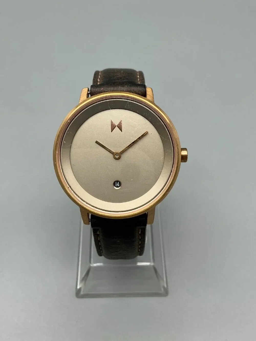 MVMT Ashen Taupe Womens Watch 34mm Rose Gold Tone Date Leather New Battery